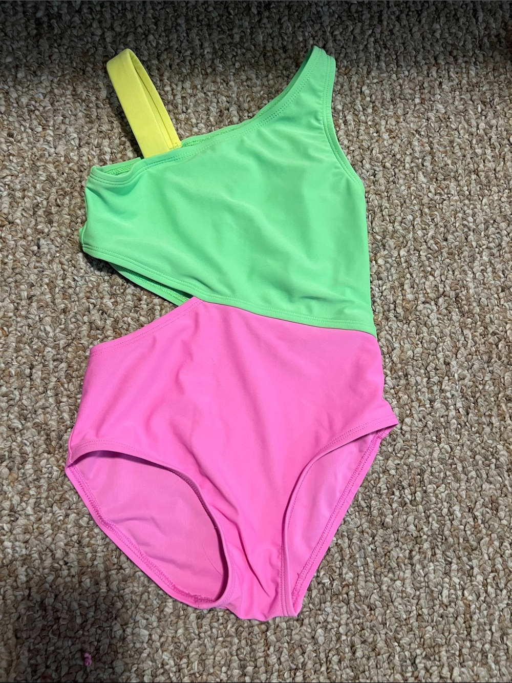 Source Unknown Neon Green and Hot Pink One-Piece Swimsuit with Yellow Strap